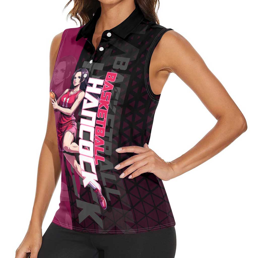 Boa Hancock One Piece Basketball Theme Maroon and Black Design Women Sleeveless Polo Shirt with Serpent Emblem and Dynamic Pose - The Mazicc