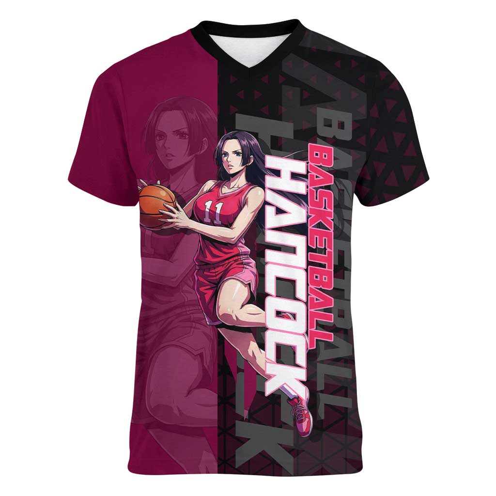 Boa Hancock One Piece Basketball Theme Maroon and Black Design Women V-Neck T-Shirt with Serpent Emblem and Dynamic Pose - The Mazicc
