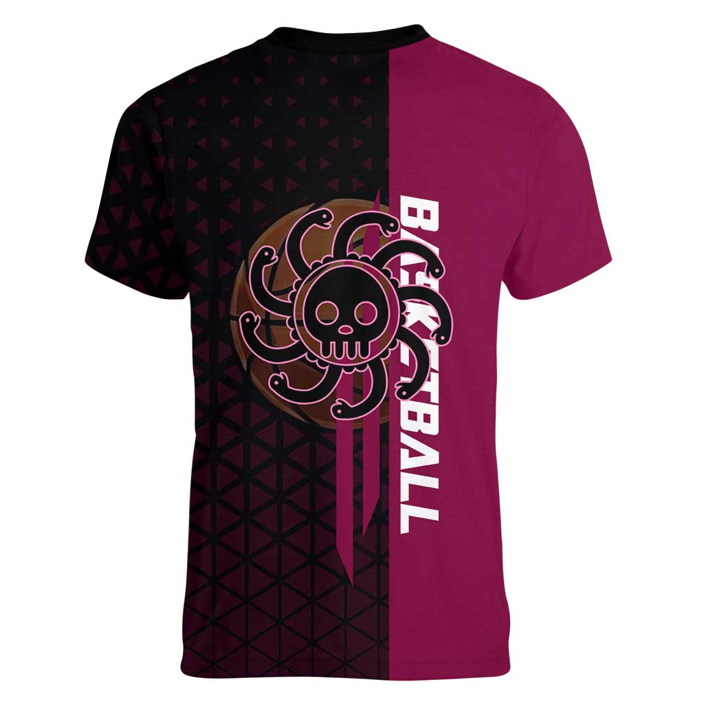 Boa Hancock One Piece Basketball Theme Maroon and Black Design Women V-Neck T-Shirt with Serpent Emblem and Dynamic Pose - The Mazicc