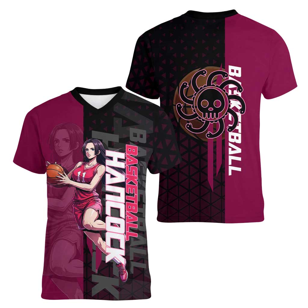 Boa Hancock One Piece Basketball Theme Maroon and Black Design Women V-Neck T-Shirt with Serpent Emblem and Dynamic Pose - The Mazicc