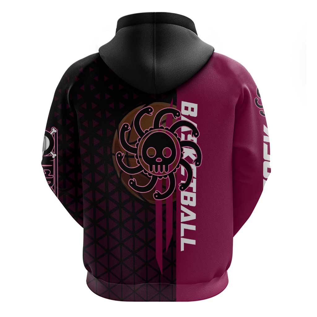 Boa Hancock One Piece Basketball Theme Maroon and Black Design Zip Hoodie with Serpent Emblem and Dynamic Pose - The Mazicc