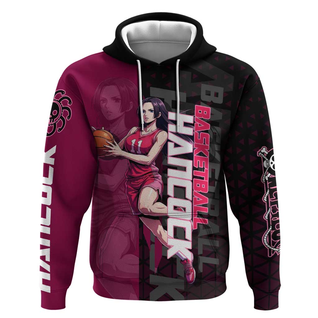 Boa Hancock One Piece Basketball Theme Maroon and Black Design Zip Hoodie with Serpent Emblem and Dynamic Pose - The Mazicc