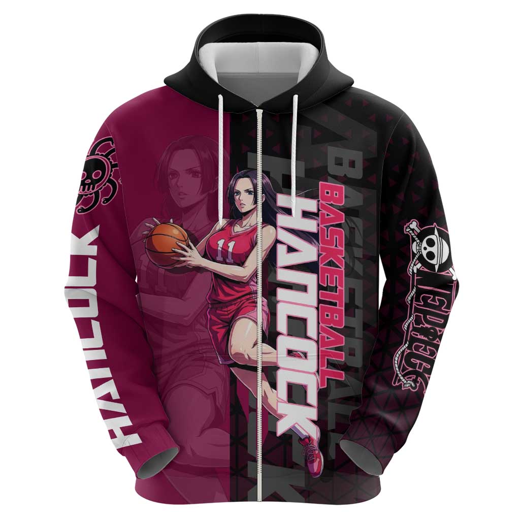 Boa Hancock One Piece Basketball Theme Maroon and Black Design Zip Hoodie with Serpent Emblem and Dynamic Pose - The Mazicc