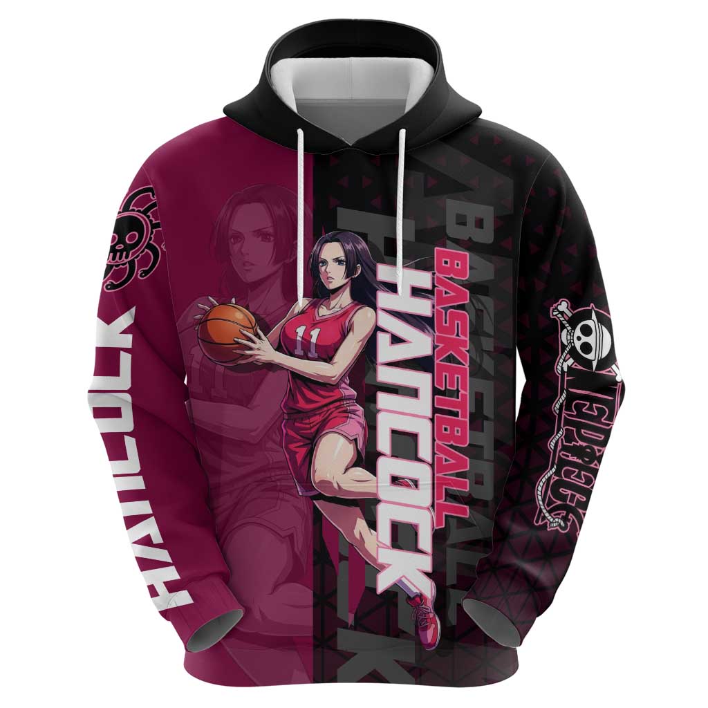 Boa Hancock One Piece Basketball Theme Maroon and Black Design Zip Hoodie with Serpent Emblem and Dynamic Pose - The Mazicc