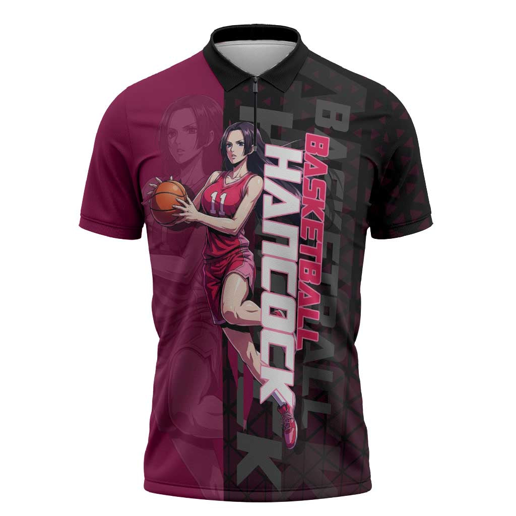 Boa Hancock One Piece Basketball Theme Maroon and Black Design Zipper Polo Shirt with Serpent Emblem and Dynamic Pose - The Mazicc