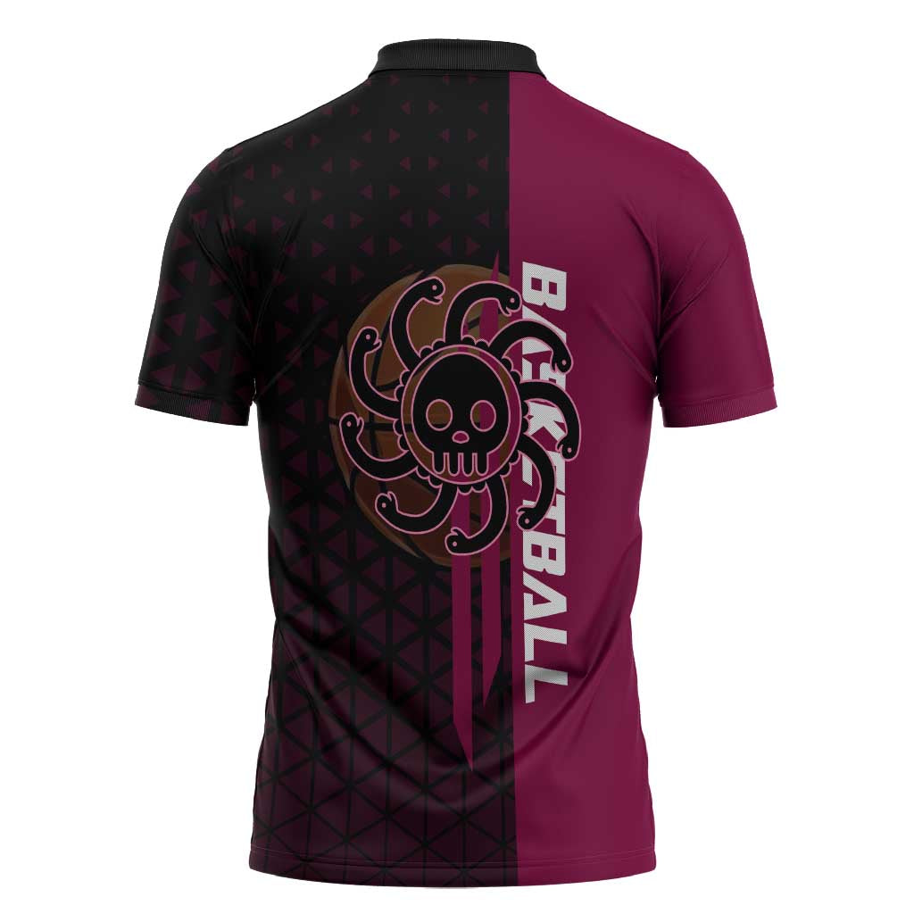 Boa Hancock One Piece Basketball Theme Maroon and Black Design Zipper Polo Shirt with Serpent Emblem and Dynamic Pose - The Mazicc