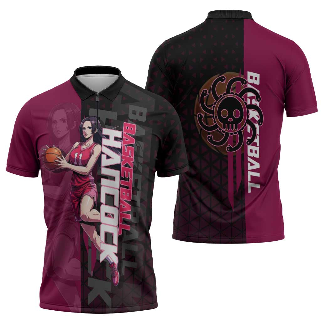 Boa Hancock One Piece Basketball Theme Maroon and Black Design Zipper Polo Shirt with Serpent Emblem and Dynamic Pose - The Mazicc