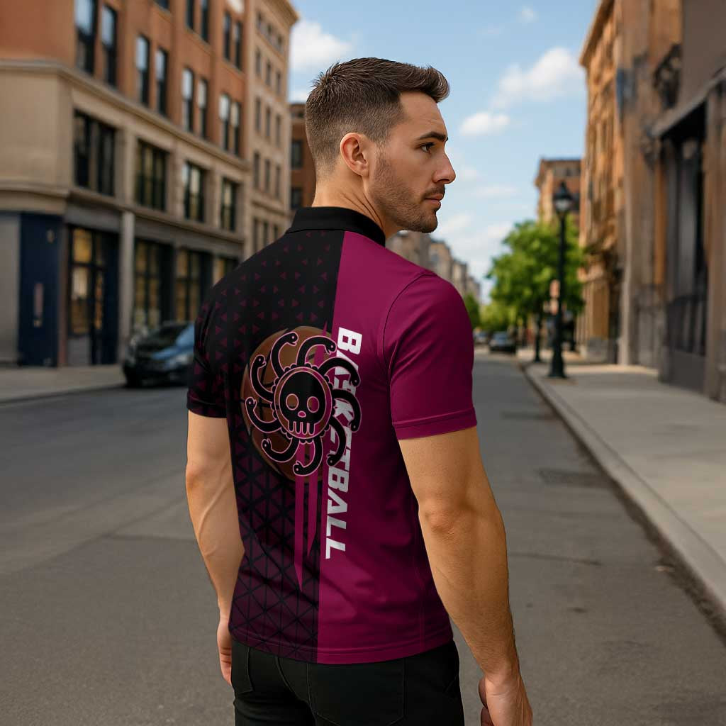Boa Hancock One Piece Basketball Theme Maroon and Black Design Zipper Polo Shirt with Serpent Emblem and Dynamic Pose - The Mazicc