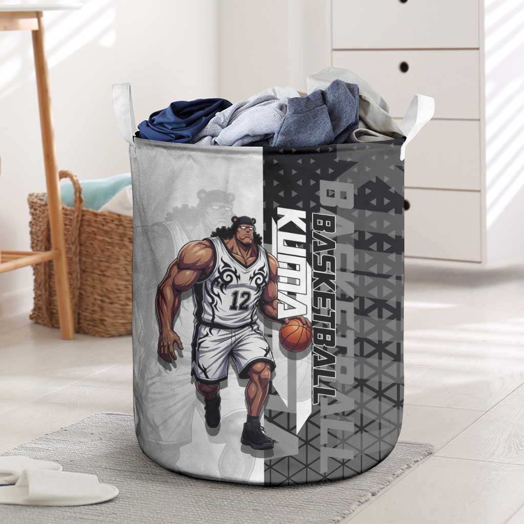 Bartholomew Kuma One Piece Basketball Crossover Design Laundry Basket with Monochrome Geometric Background and Dynamic Pose - The Mazicc