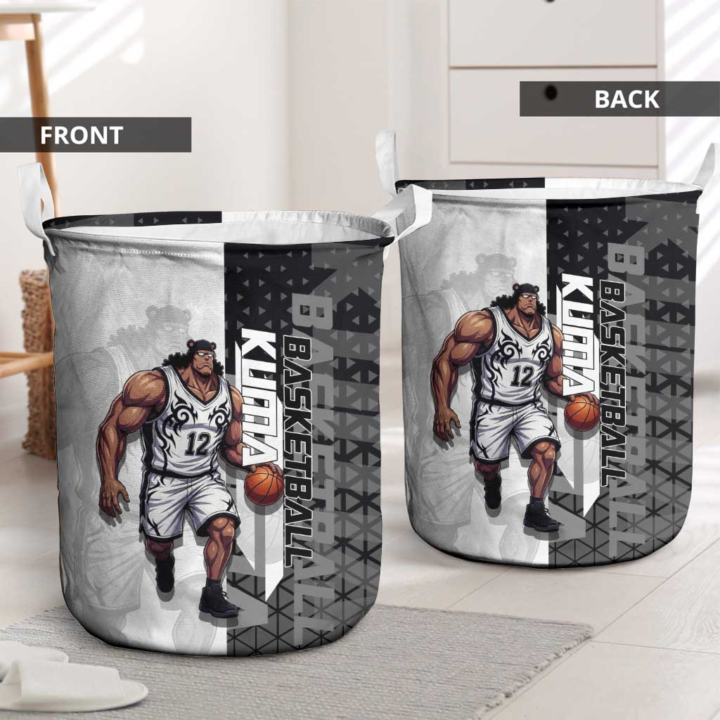 Bartholomew Kuma One Piece Basketball Crossover Design Laundry Basket with Monochrome Geometric Background and Dynamic Pose - The Mazicc