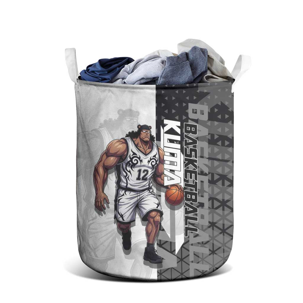 Bartholomew Kuma One Piece Basketball Crossover Design Laundry Basket with Monochrome Geometric Background and Dynamic Pose - The Mazicc