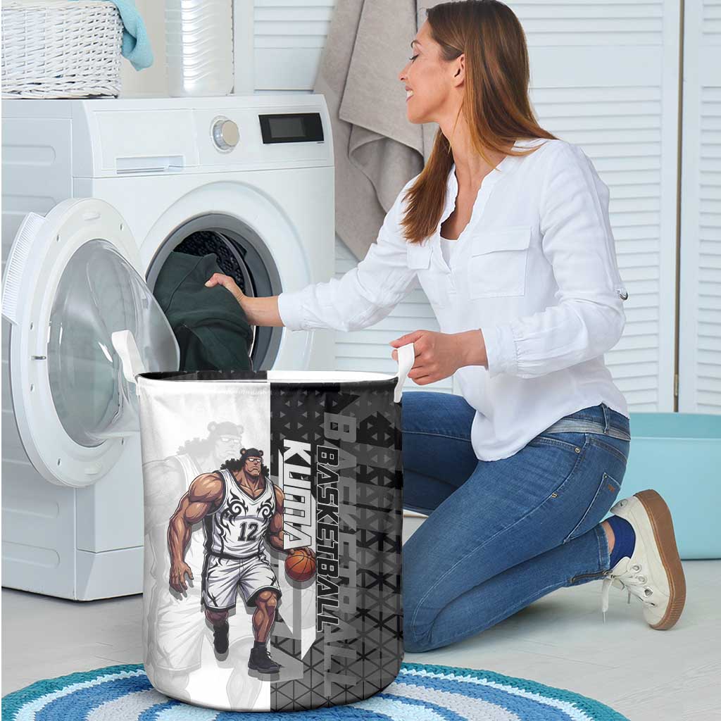 Bartholomew Kuma One Piece Basketball Crossover Design Laundry Basket with Monochrome Geometric Background and Dynamic Pose - The Mazicc
