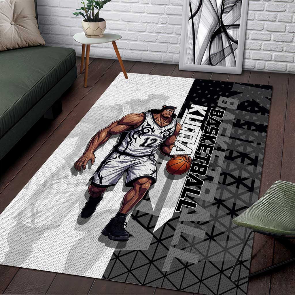 Bartholomew Kuma One Piece Basketball Crossover Design Area Rug with Monochrome Geometric Background and Dynamic Pose - The Mazicc