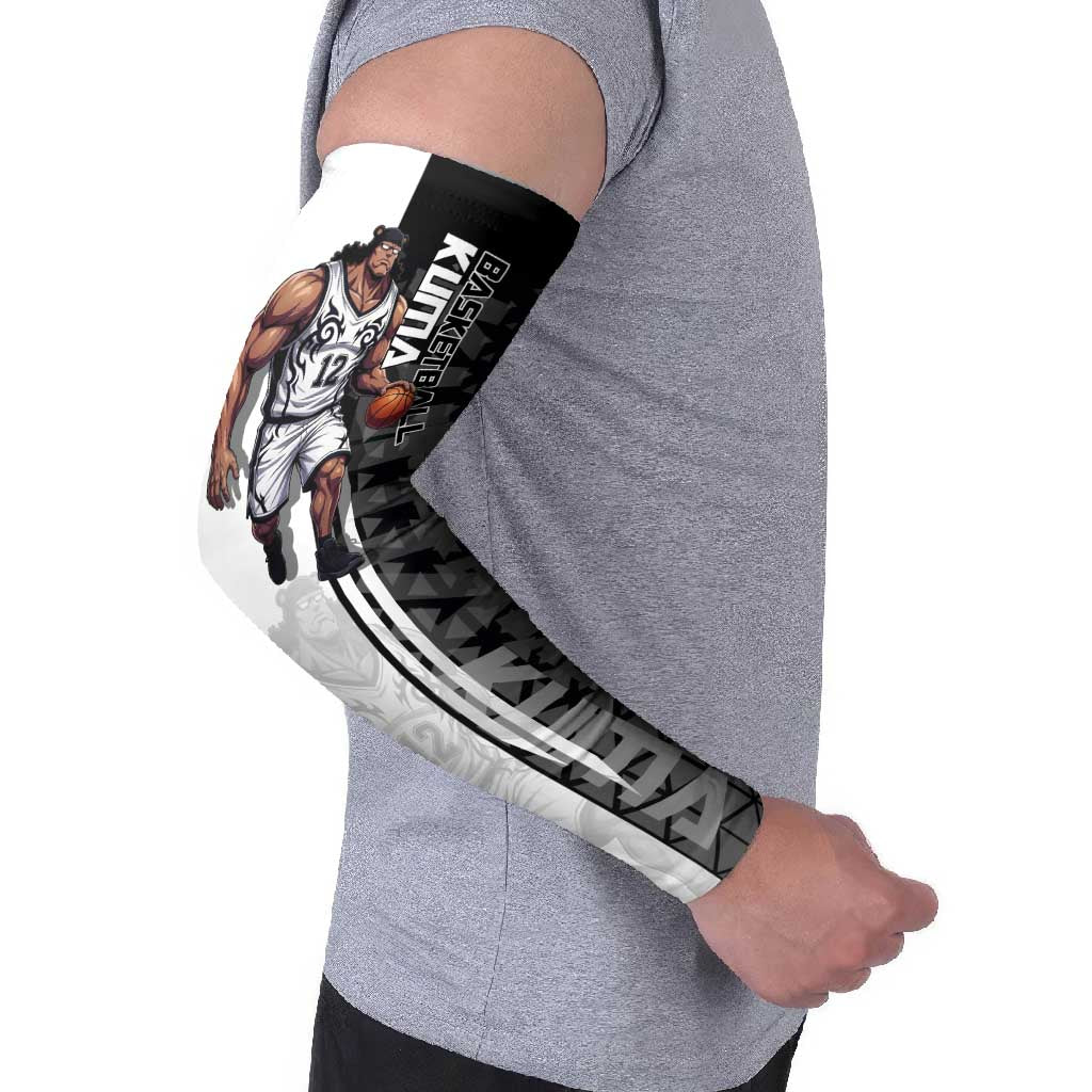 Bartholomew Kuma One Piece Basketball Crossover Design Arm Sleeves with Monochrome Geometric Background and Dynamic Pose - The Mazicc
