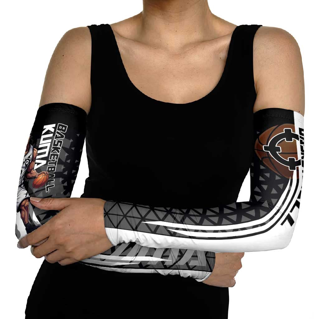 Bartholomew Kuma One Piece Basketball Crossover Design Arm Sleeves with Monochrome Geometric Background and Dynamic Pose - The Mazicc