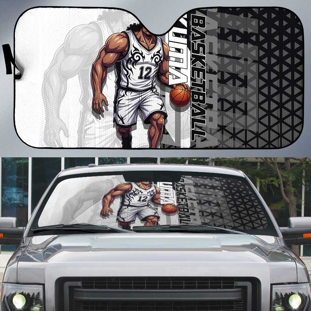 Bartholomew Kuma One Piece Basketball Crossover Design Auto Sun Shade with Monochrome Geometric Background and Dynamic Pose - The Mazicc