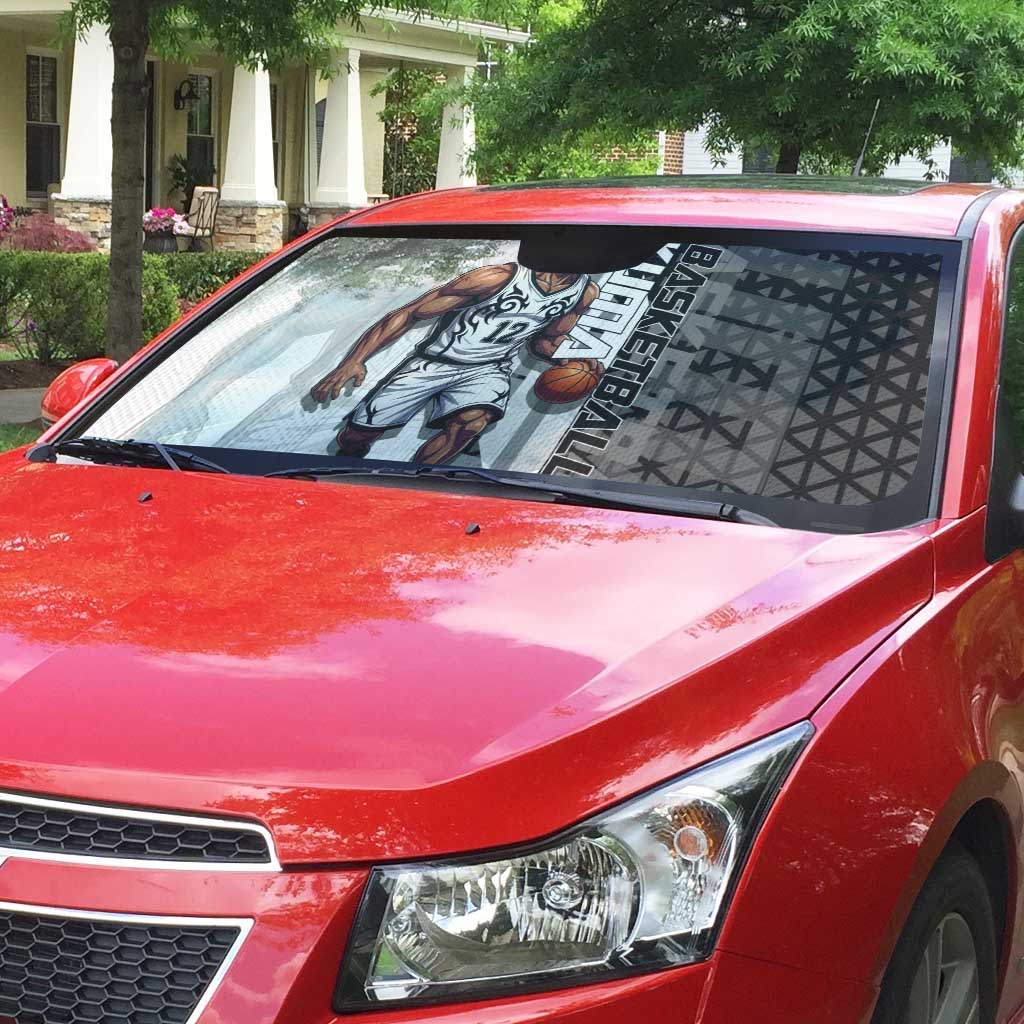 Bartholomew Kuma One Piece Basketball Crossover Design Auto Sun Shade with Monochrome Geometric Background and Dynamic Pose - The Mazicc
