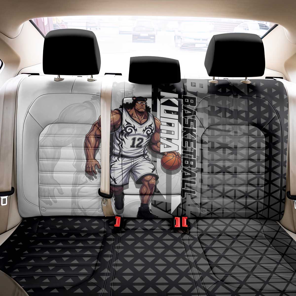 Bartholomew Kuma One Piece Basketball Crossover Design Back Car Seat Cover with Monochrome Geometric Background and Dynamic Pose - The Mazicc