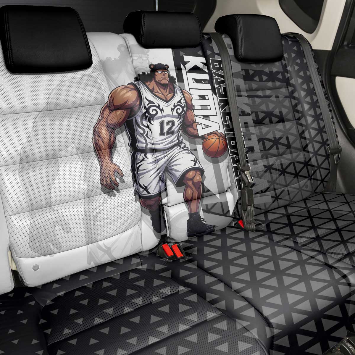 Bartholomew Kuma One Piece Basketball Crossover Design Back Car Seat Cover with Monochrome Geometric Background and Dynamic Pose - The Mazicc