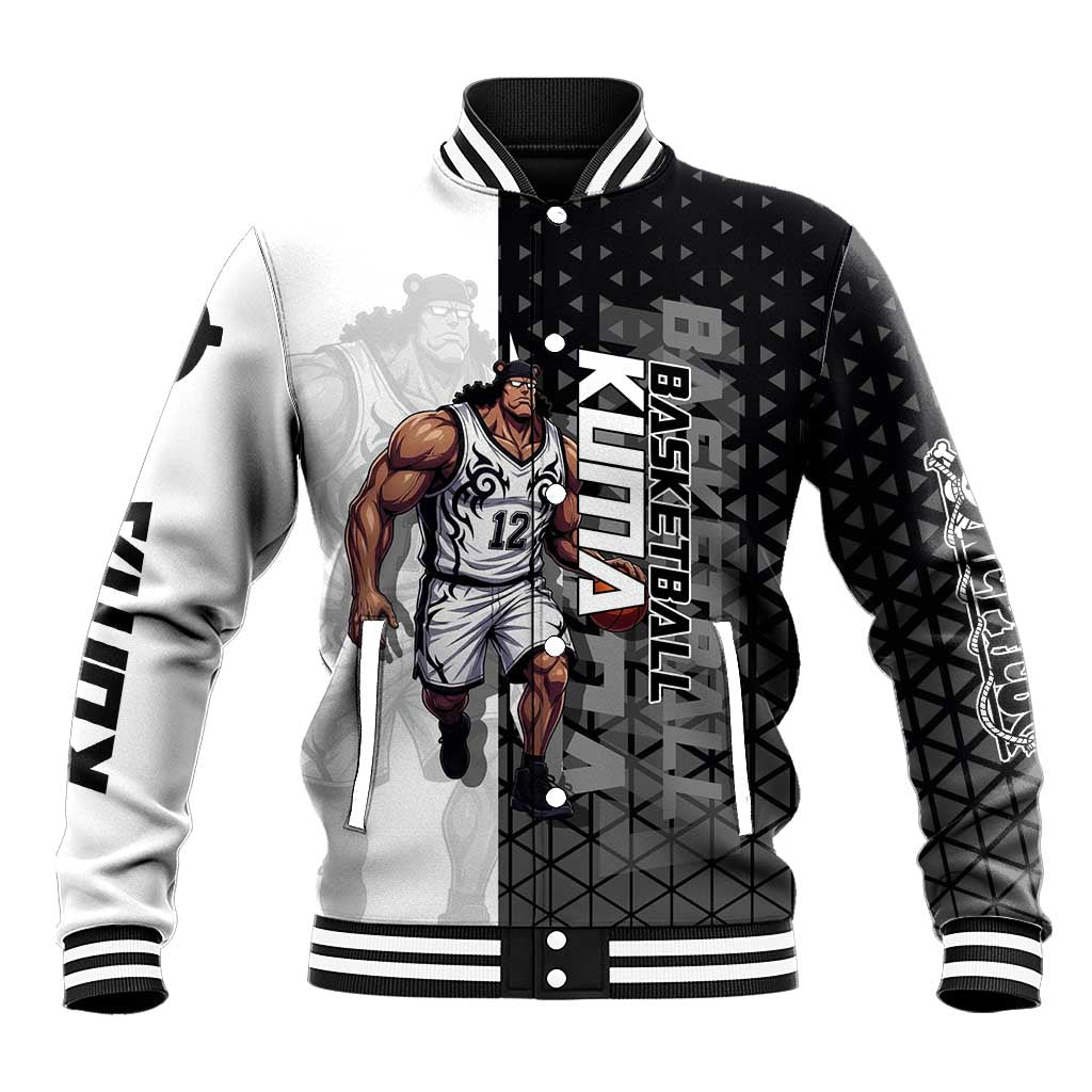 Bartholomew Kuma One Piece Basketball Crossover Design Baseball Jacket with Monochrome Geometric Background and Dynamic Pose - The Mazicc