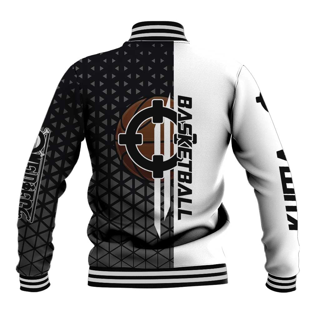 Bartholomew Kuma One Piece Basketball Crossover Design Baseball Jacket with Monochrome Geometric Background and Dynamic Pose - The Mazicc