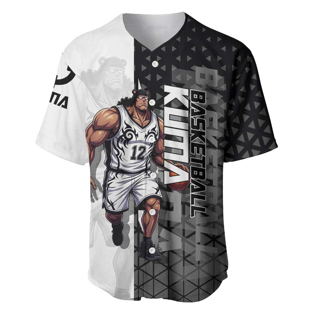 Bartholomew Kuma One Piece Basketball Crossover Design Baseball Jersey with Monochrome Geometric Background and Dynamic Pose - The Mazicc