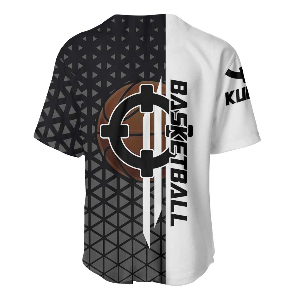Bartholomew Kuma One Piece Basketball Crossover Design Baseball Jersey with Monochrome Geometric Background and Dynamic Pose - The Mazicc