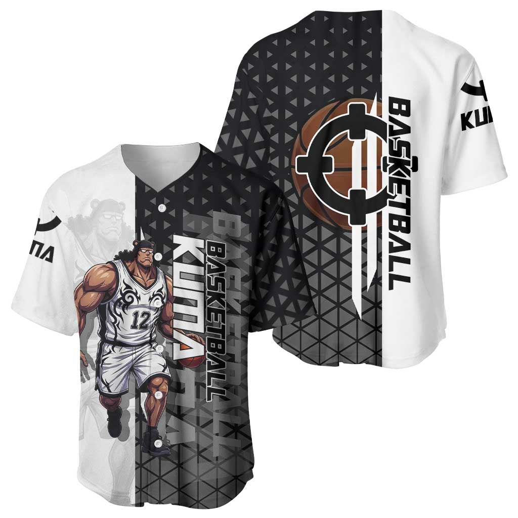 Bartholomew Kuma One Piece Basketball Crossover Design Baseball Jersey with Monochrome Geometric Background and Dynamic Pose - The Mazicc