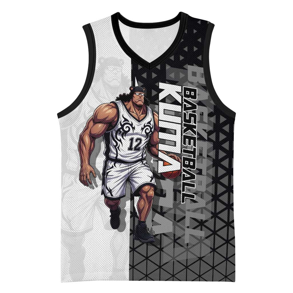 Bartholomew Kuma One Piece Basketball Crossover Design Basketball Jersey with Monochrome Geometric Background and Dynamic Pose - The Mazicc