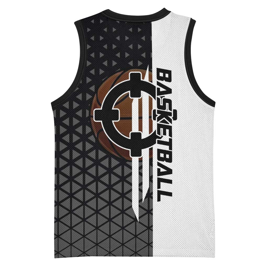 Bartholomew Kuma One Piece Basketball Crossover Design Basketball Jersey with Monochrome Geometric Background and Dynamic Pose - The Mazicc
