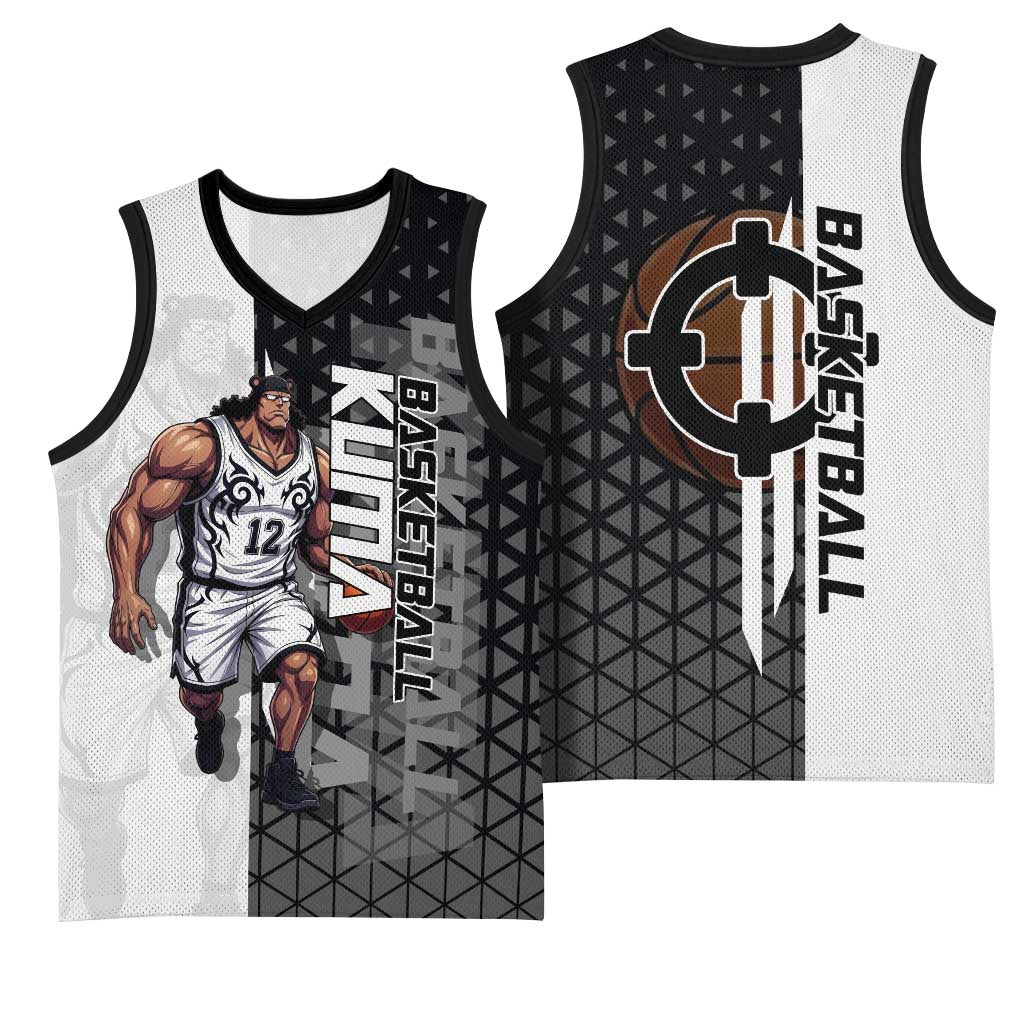 Bartholomew Kuma One Piece Basketball Crossover Design Basketball Jersey with Monochrome Geometric Background and Dynamic Pose - The Mazicc