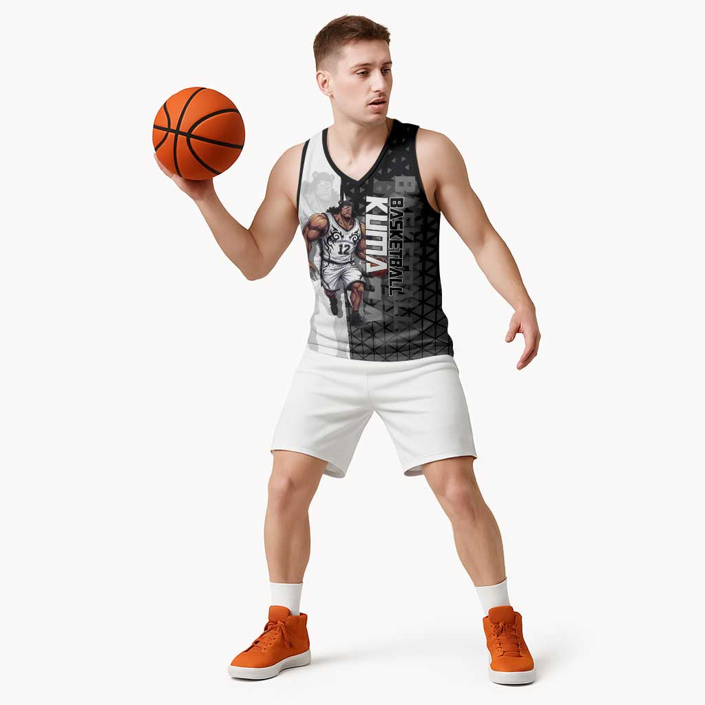 Bartholomew Kuma One Piece Basketball Crossover Design Basketball Jersey with Monochrome Geometric Background and Dynamic Pose - The Mazicc