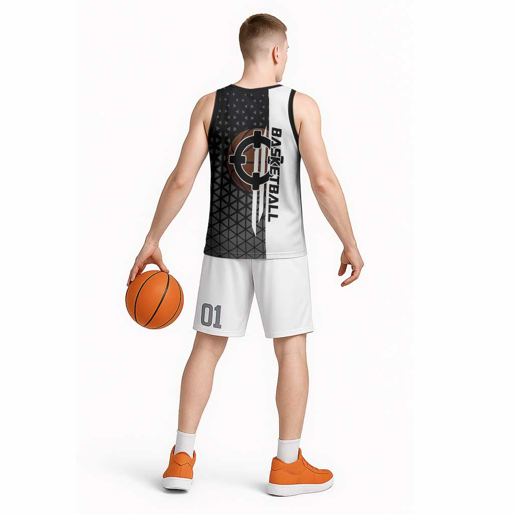 Bartholomew Kuma One Piece Basketball Crossover Design Basketball Jersey with Monochrome Geometric Background and Dynamic Pose - The Mazicc