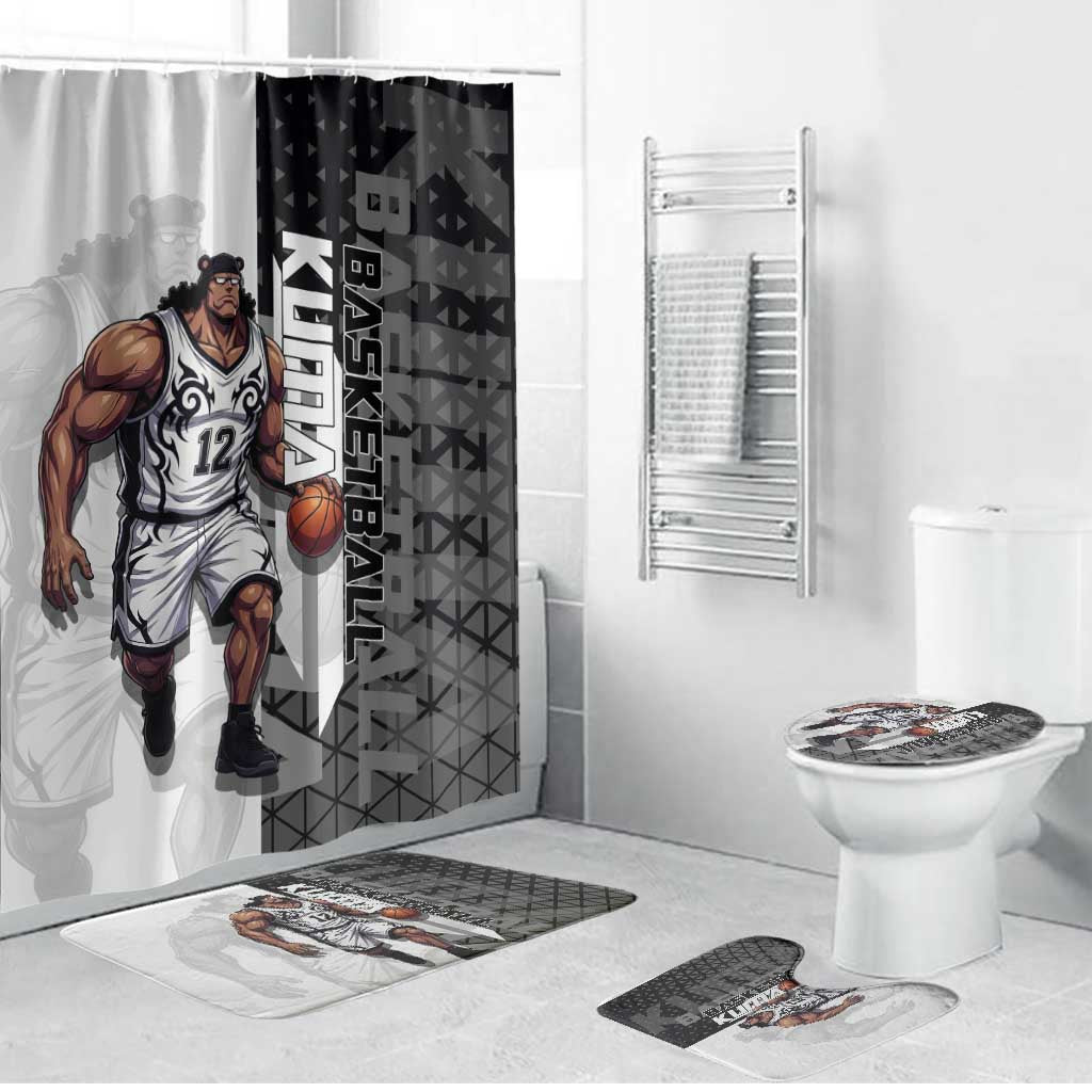 Bartholomew Kuma One Piece Basketball Crossover Design Bathroom Set with Monochrome Geometric Background and Dynamic Pose - The Mazicc