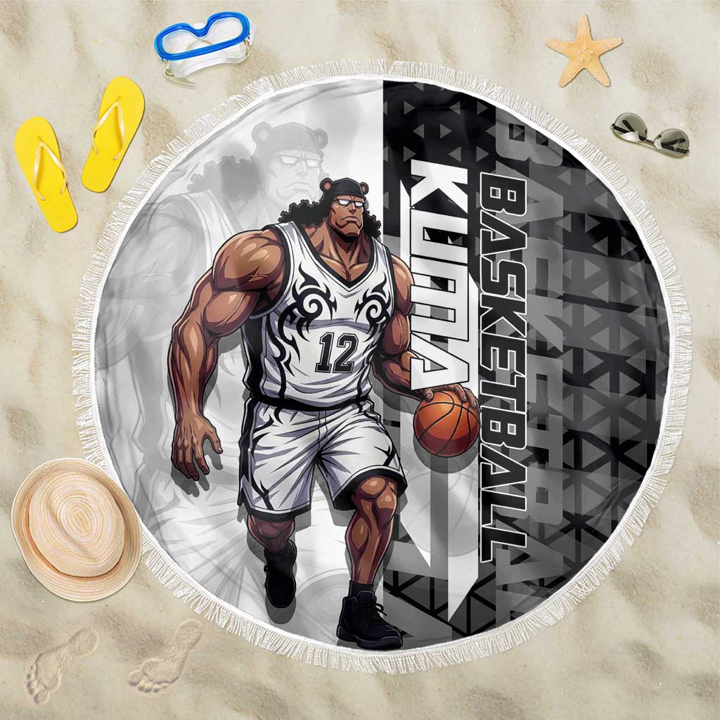 Bartholomew Kuma One Piece Basketball Crossover Design Beach Blanket with Monochrome Geometric Background and Dynamic Pose - The Mazicc