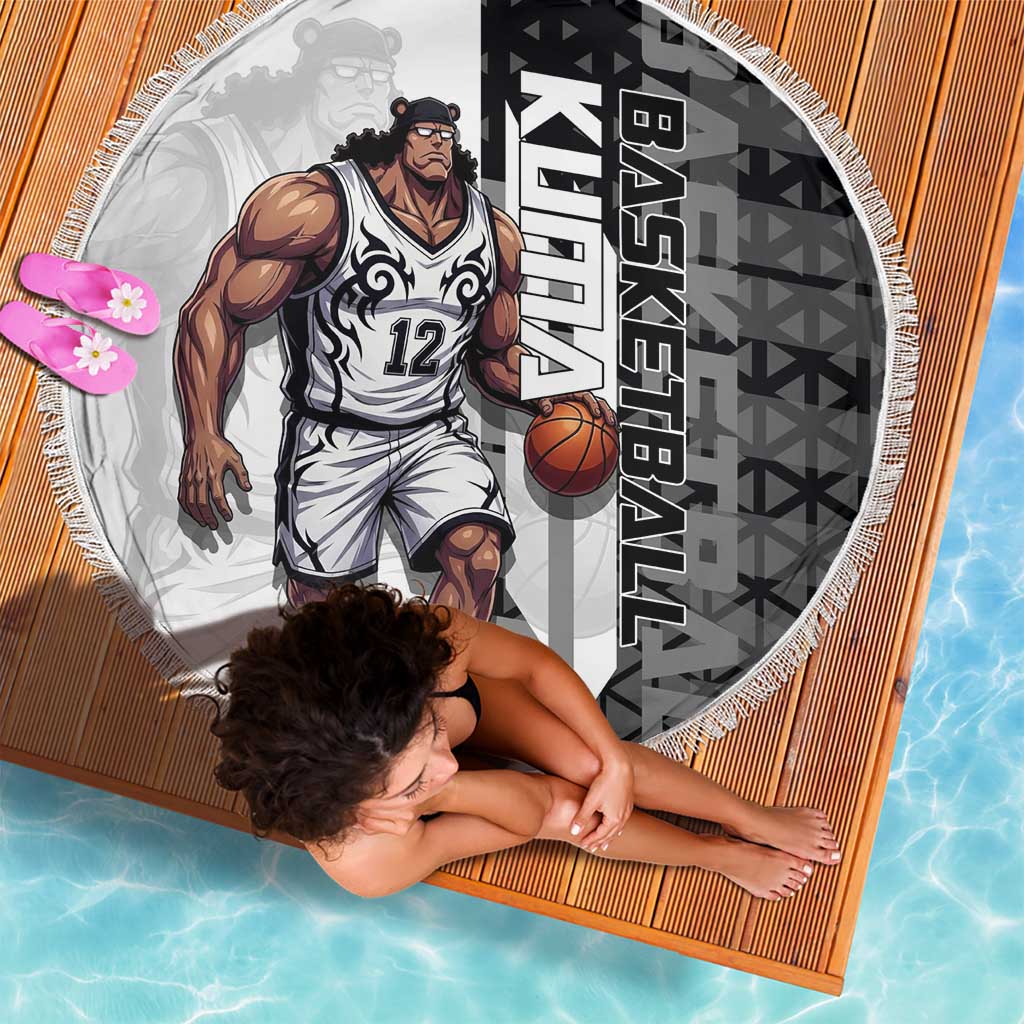 Bartholomew Kuma One Piece Basketball Crossover Design Beach Blanket with Monochrome Geometric Background and Dynamic Pose - The Mazicc