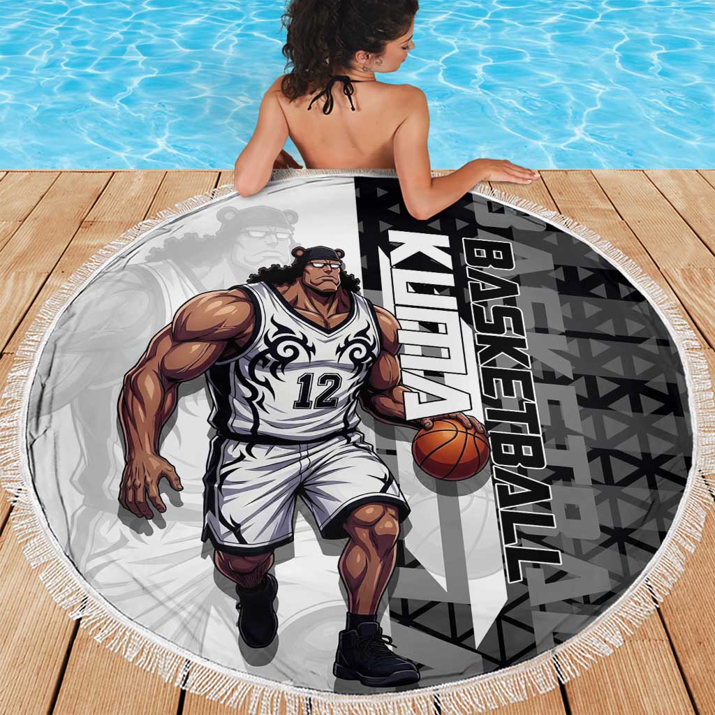 Bartholomew Kuma One Piece Basketball Crossover Design Beach Blanket with Monochrome Geometric Background and Dynamic Pose - The Mazicc