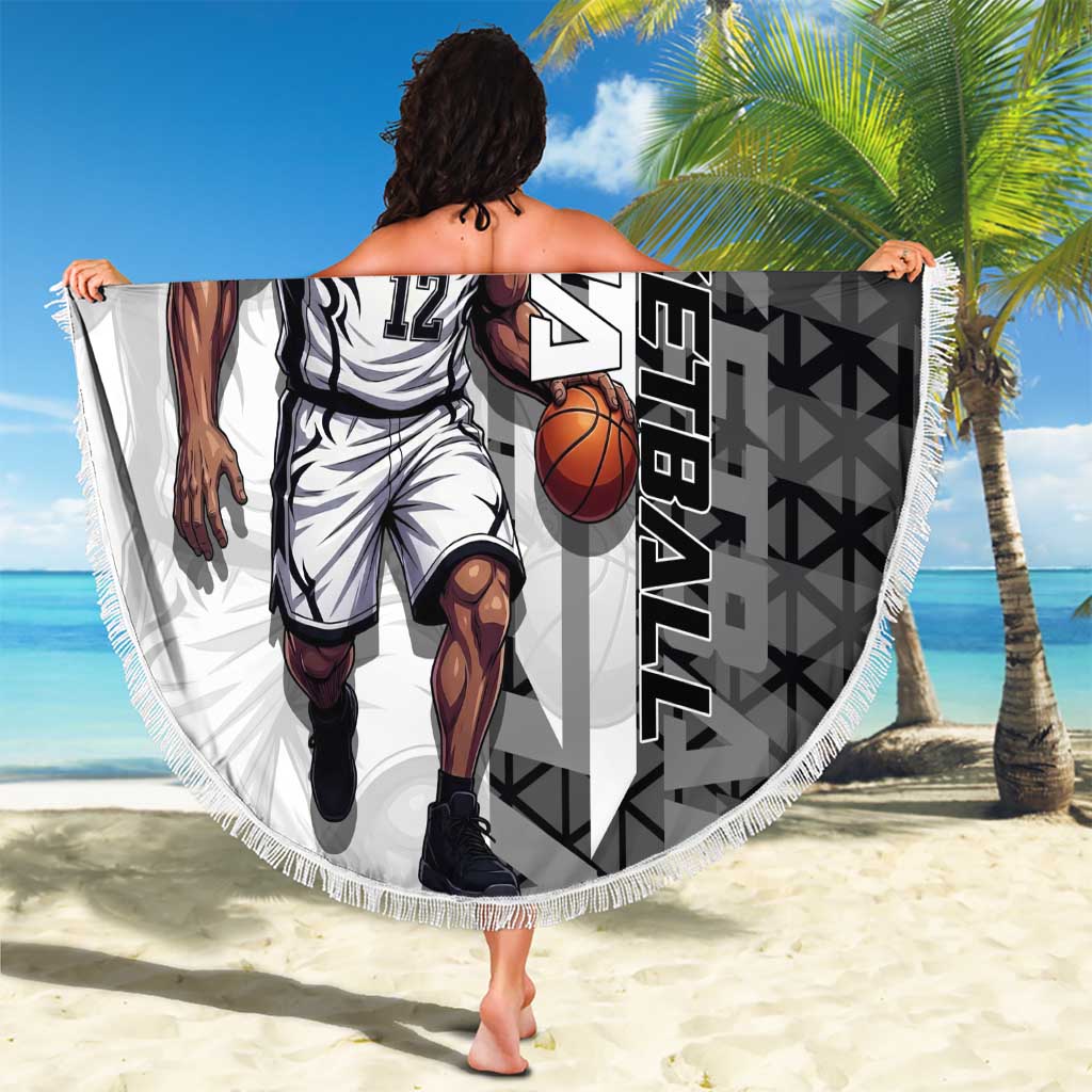 Bartholomew Kuma One Piece Basketball Crossover Design Beach Blanket with Monochrome Geometric Background and Dynamic Pose - The Mazicc