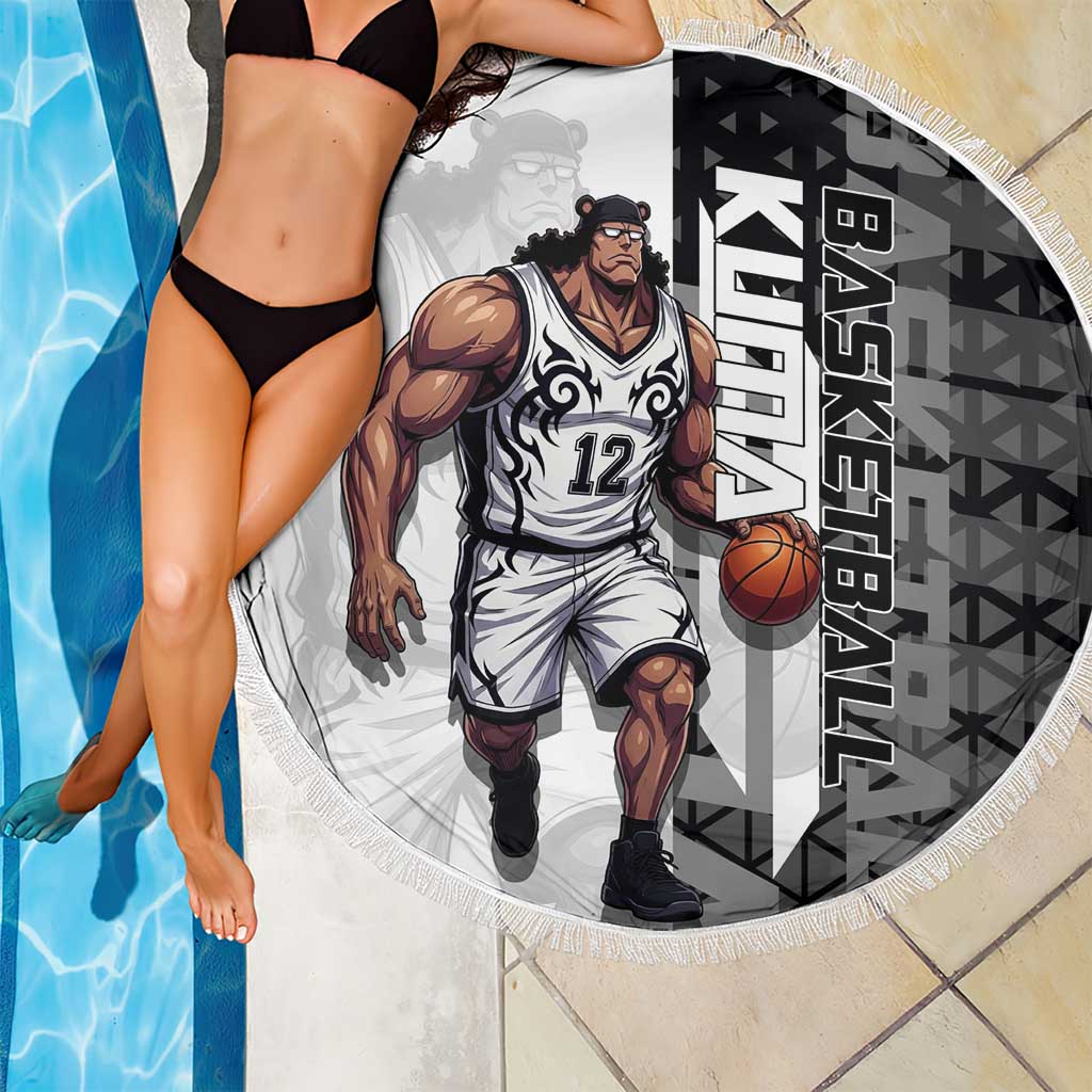 Bartholomew Kuma One Piece Basketball Crossover Design Beach Blanket with Monochrome Geometric Background and Dynamic Pose - The Mazicc