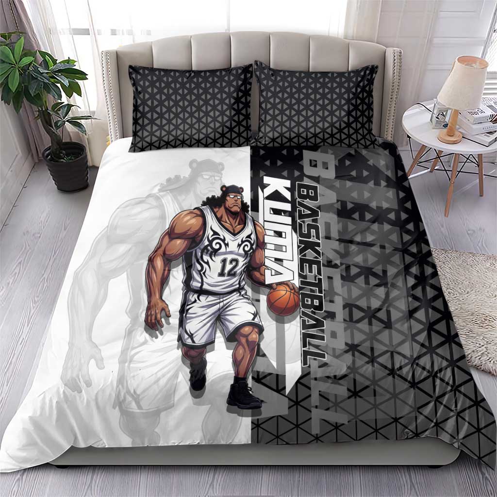 Bartholomew Kuma One Piece Basketball Crossover Design Bedding Set with Monochrome Geometric Background and Dynamic Pose - The Mazicc