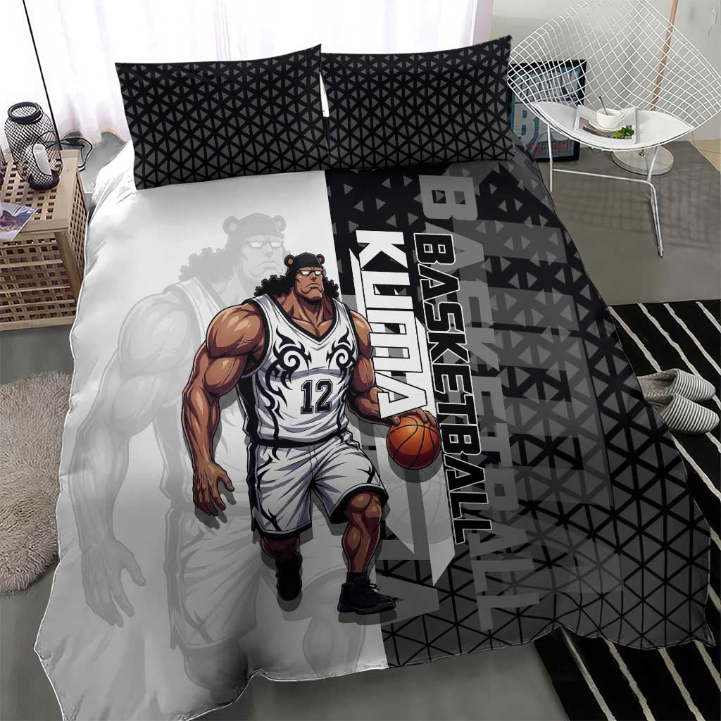 Bartholomew Kuma One Piece Basketball Crossover Design Bedding Set with Monochrome Geometric Background and Dynamic Pose - The Mazicc