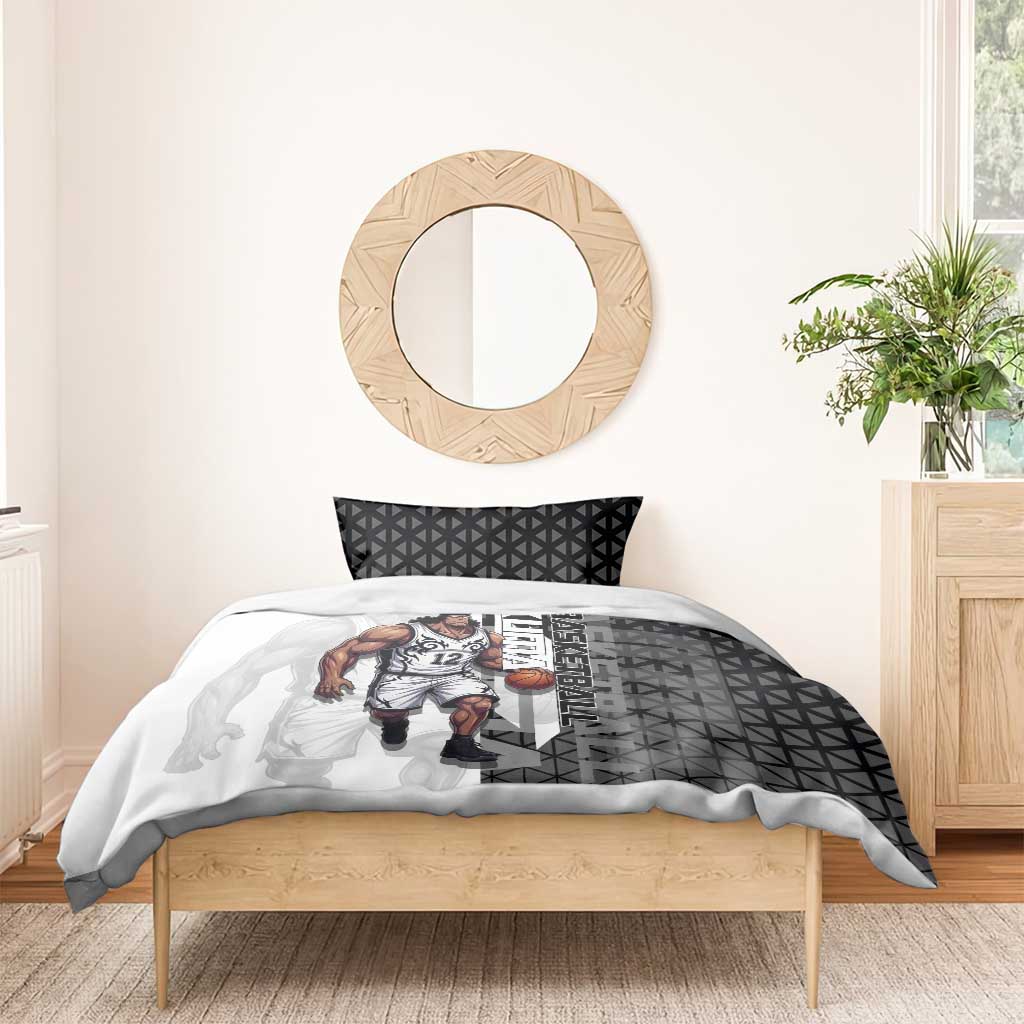 Bartholomew Kuma One Piece Basketball Crossover Design Bedding Set with Monochrome Geometric Background and Dynamic Pose - The Mazicc