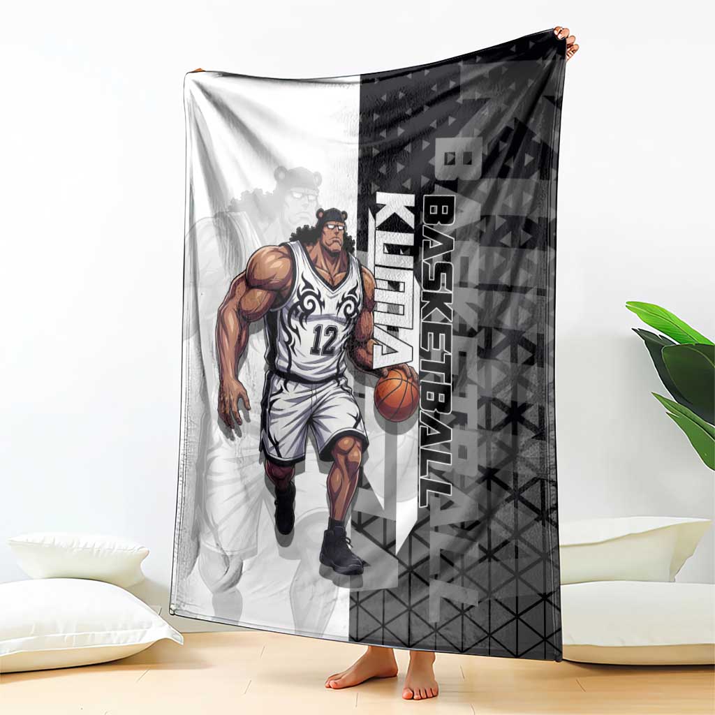 Bartholomew Kuma One Piece Basketball Crossover Design Blanket with Monochrome Geometric Background and Dynamic Pose - The Mazicc