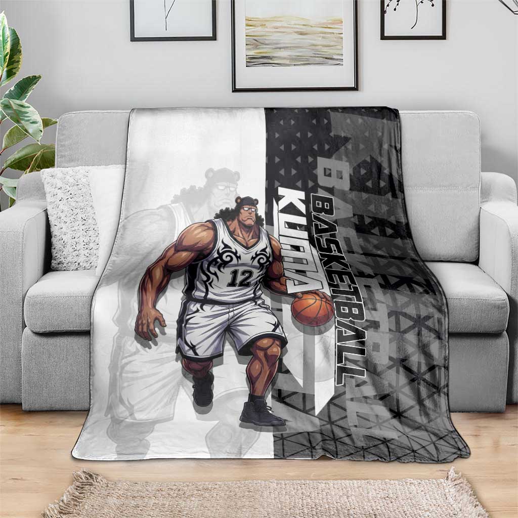 Bartholomew Kuma One Piece Basketball Crossover Design Blanket with Monochrome Geometric Background and Dynamic Pose - The Mazicc
