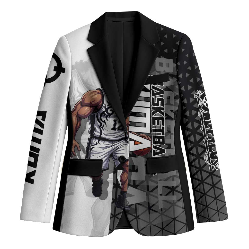 Bartholomew Kuma One Piece Basketball Crossover Design Blazer with Monochrome Geometric Background and Dynamic Pose - The Mazicc