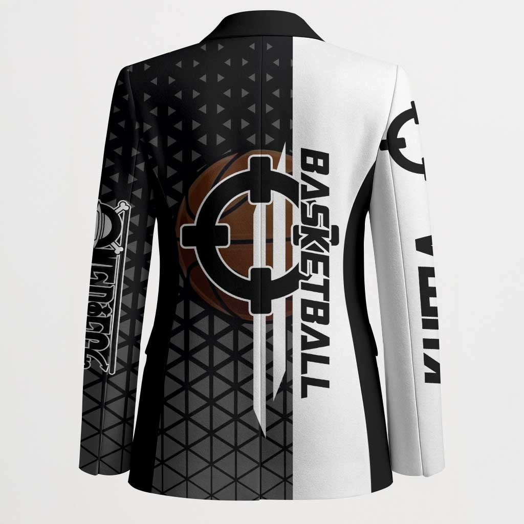 Bartholomew Kuma One Piece Basketball Crossover Design Blazer with Monochrome Geometric Background and Dynamic Pose - The Mazicc