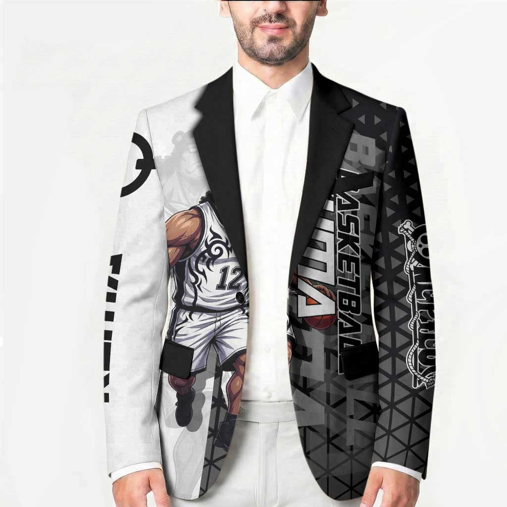 Bartholomew Kuma One Piece Basketball Crossover Design Blazer with Monochrome Geometric Background and Dynamic Pose - The Mazicc