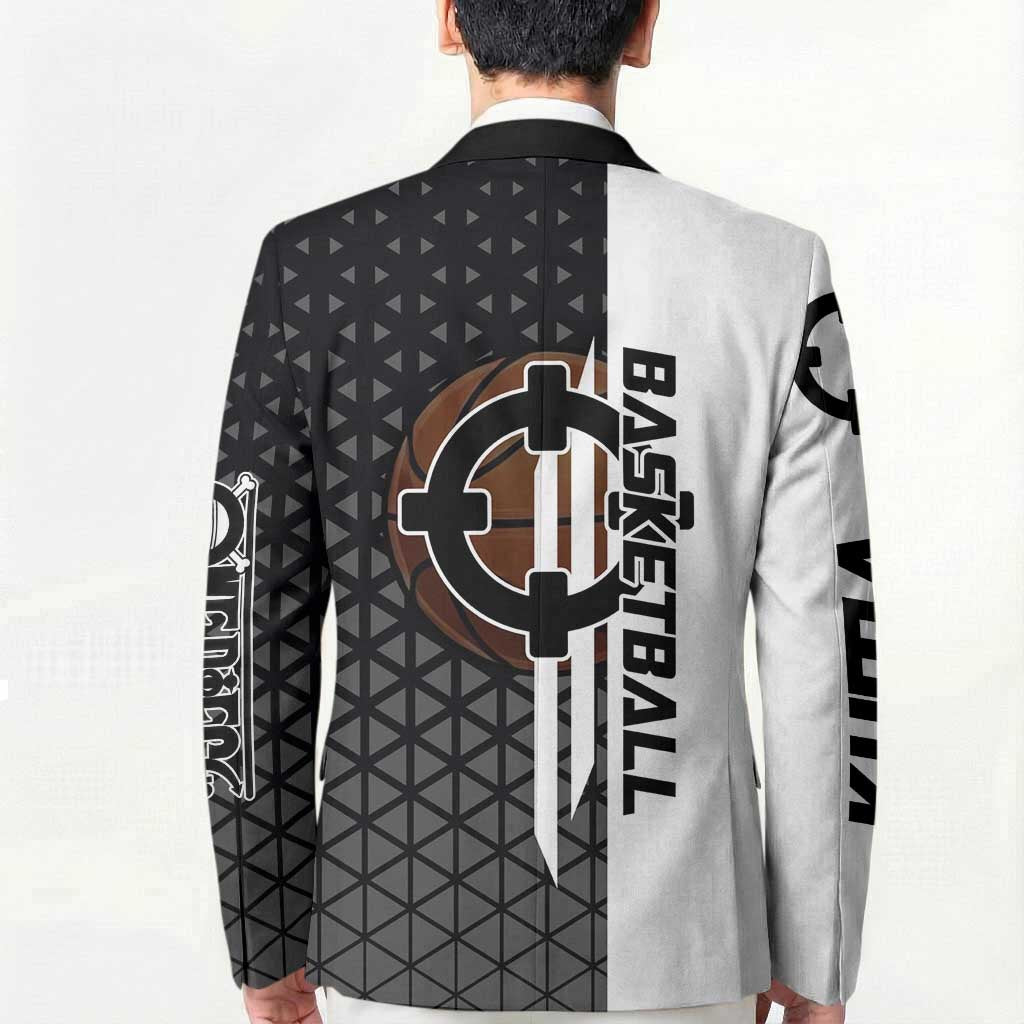 Bartholomew Kuma One Piece Basketball Crossover Design Blazer with Monochrome Geometric Background and Dynamic Pose - The Mazicc