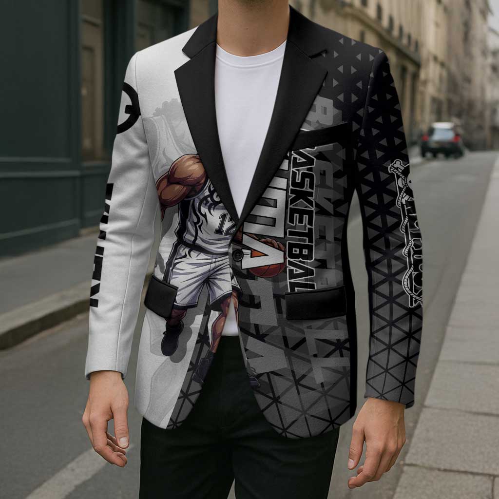 Bartholomew Kuma One Piece Basketball Crossover Design Blazer with Monochrome Geometric Background and Dynamic Pose - The Mazicc