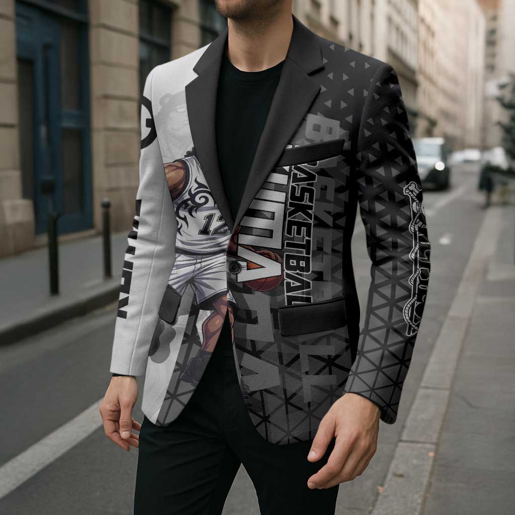 Bartholomew Kuma One Piece Basketball Crossover Design Blazer with Monochrome Geometric Background and Dynamic Pose - The Mazicc